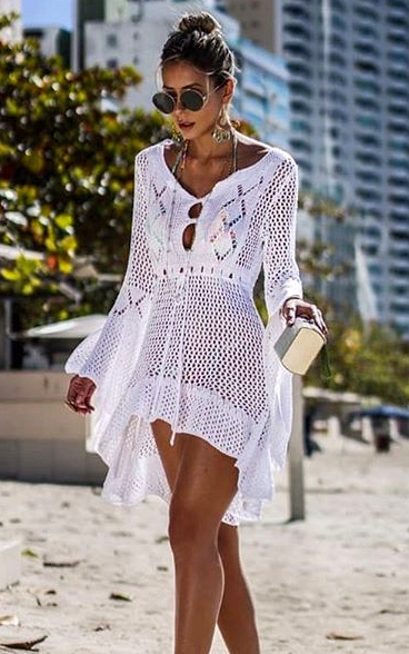 F4745-1 Cover up - Crochet White Knitted Beach Cover up Dress